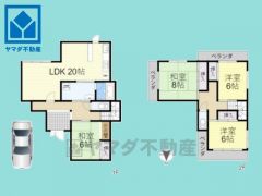 LDK広々20帖、キッチン周辺に水回りが集まっており、家事動線の良い間取りです。